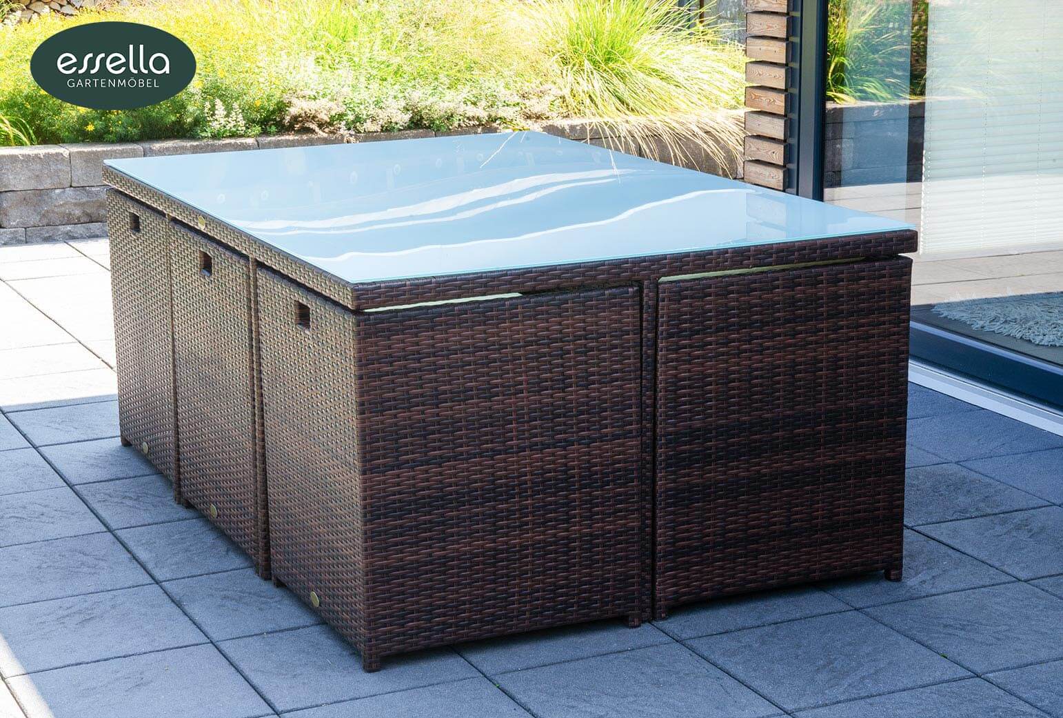 Polyrattan Sitzgruppe Vienna 6-Personen Flachgeflecht mit Glasplatte Essella-Markenshop