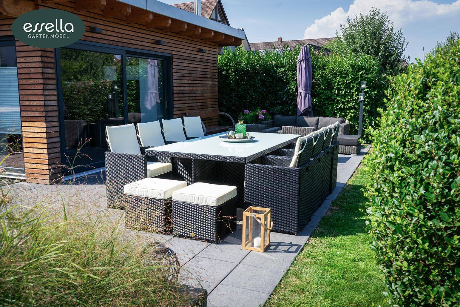 Polyrattan Sitzgruppe Vienna 8-Personen Flachgeflecht mit Glasplatte Essella-Markenshop