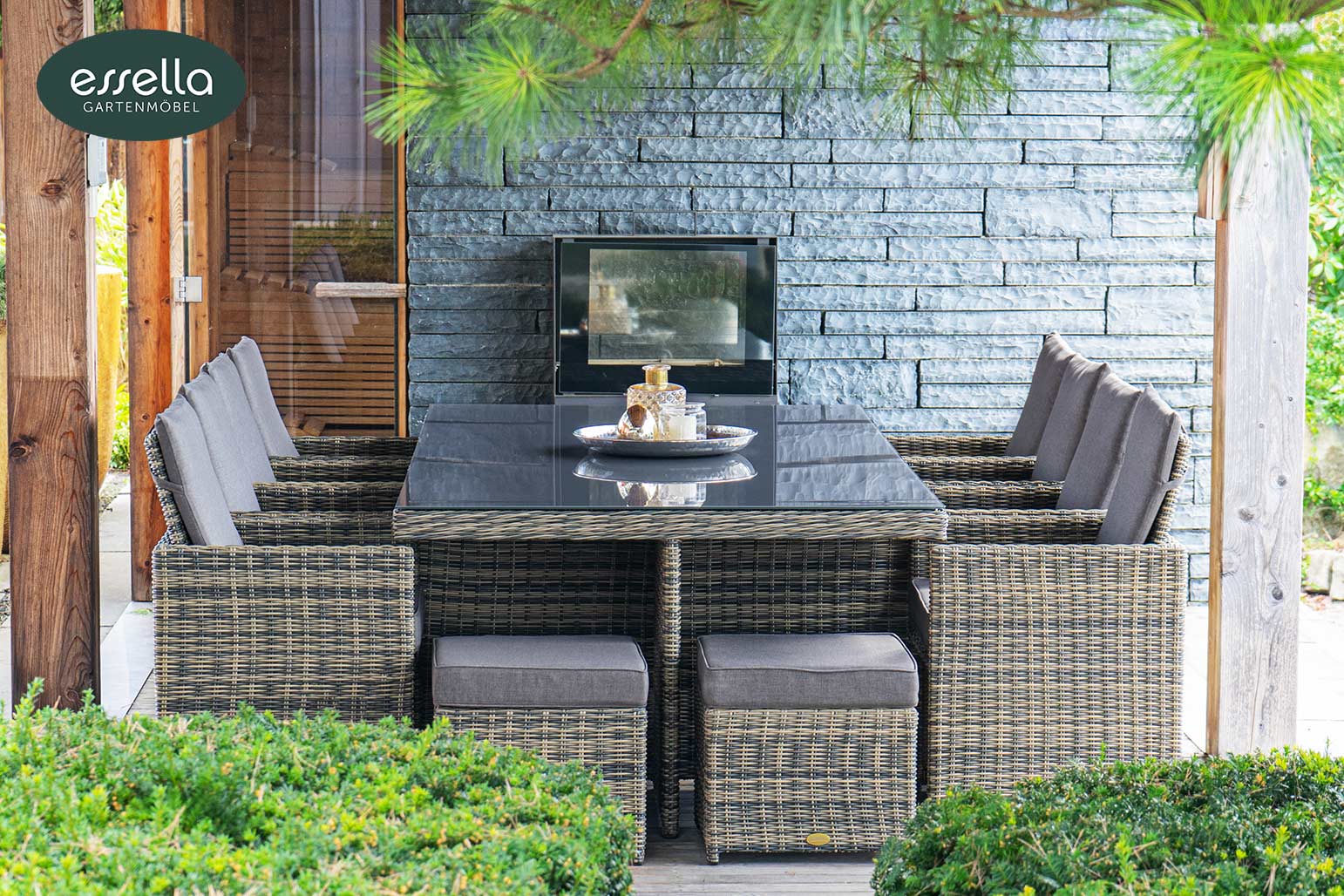Polyrattan Sitzgruppe Vienna 8-Personen Halbrundgeflecht mit Glasplatte Essella-Markenshop