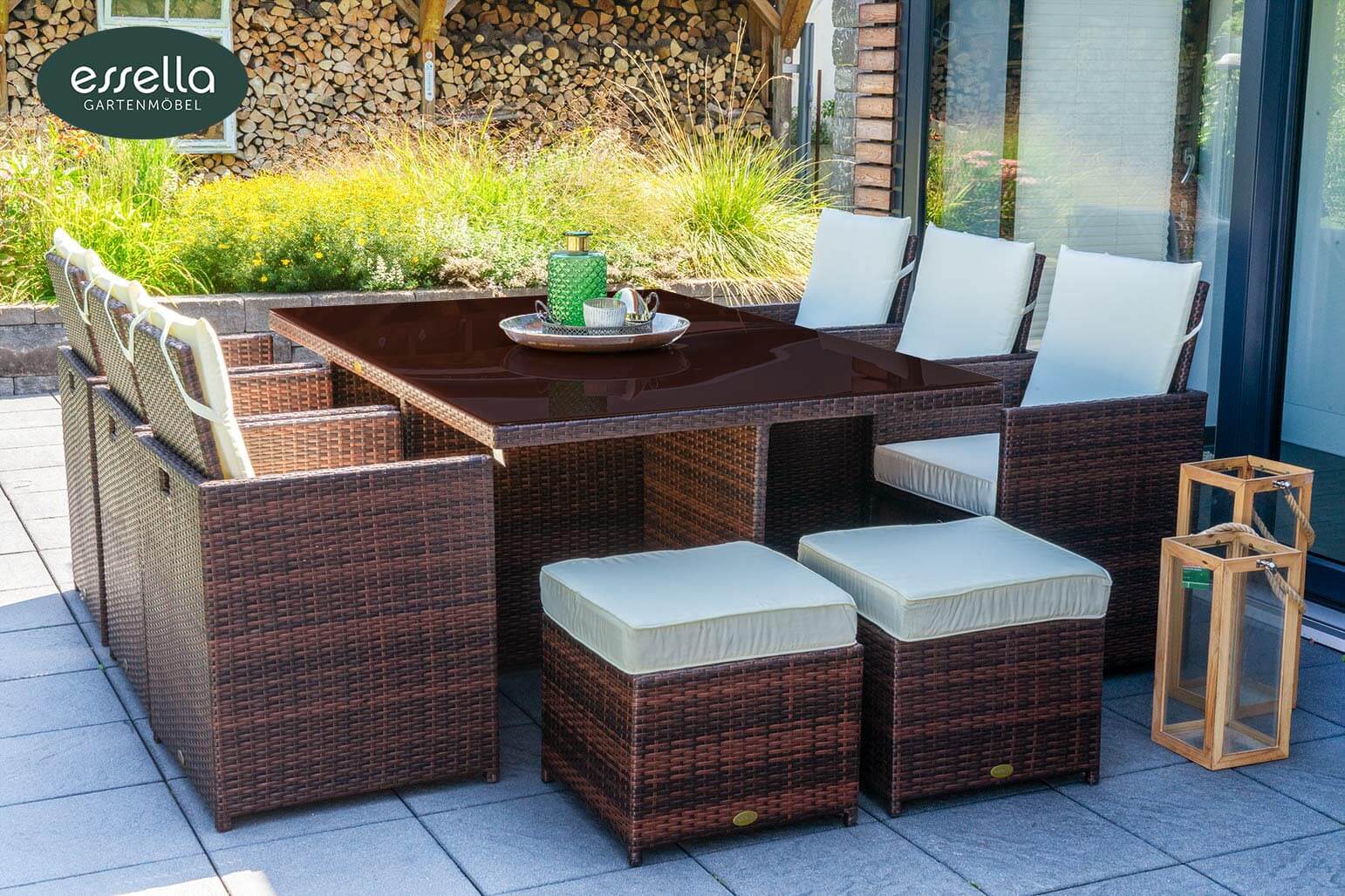 Polyrattan Sitzgruppe Vienna 6-Personen Flachgeflecht mit Glasplatte Essella-Markenshop
