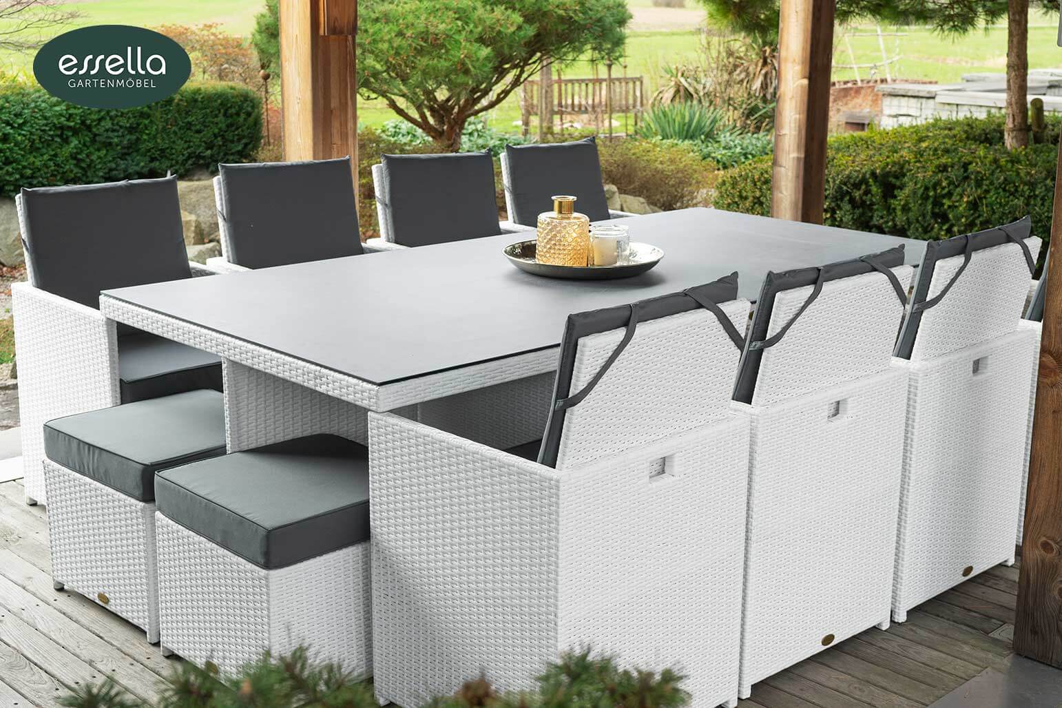 Polyrattan Sitzgruppe Vienna 8-Personen Flachgeflecht Glasplatte mit Keramikoptik Essella-Markenshop