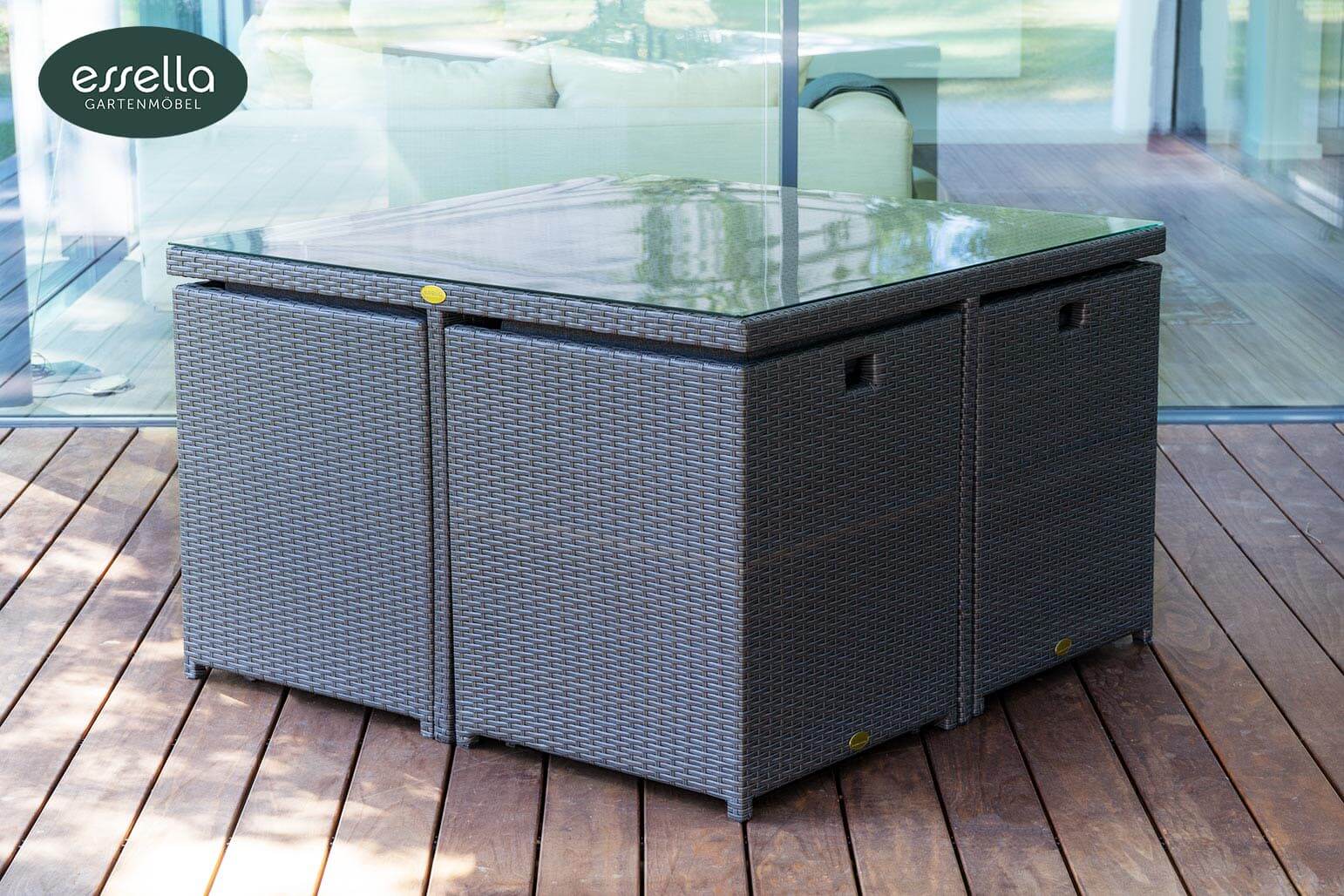 Polyrattan Sitzgruppe Vienna 4-Personen Flachgeflecht mit Glasplatte Essella-Markenshop
