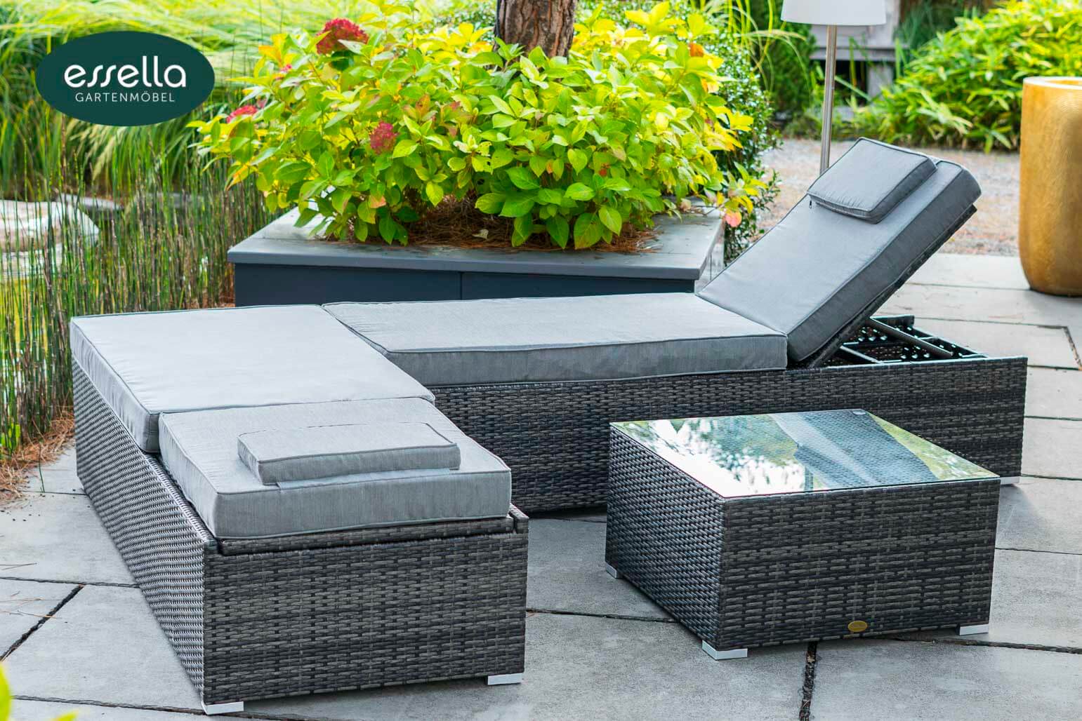 Polyrattan Sonnenliege Capri Flachgeflecht Essella-Markenshop