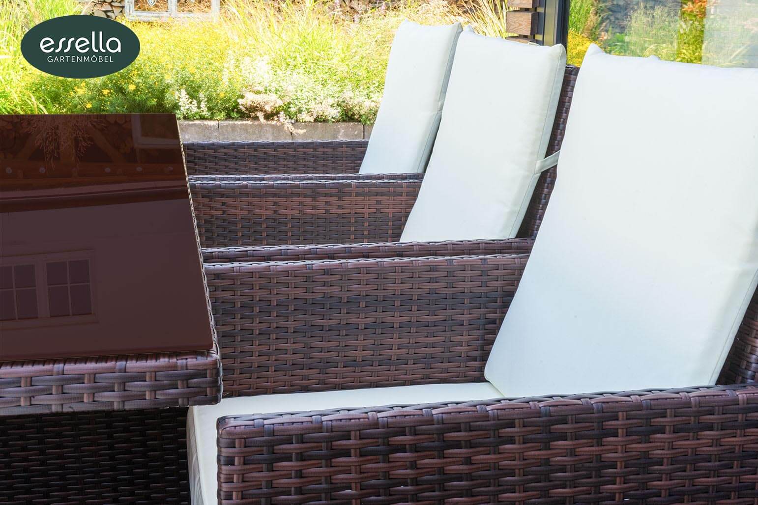 Polyrattan Sitzgruppe Vienna 6-Personen Flachgeflecht mit Glasplatte Essella-Markenshop