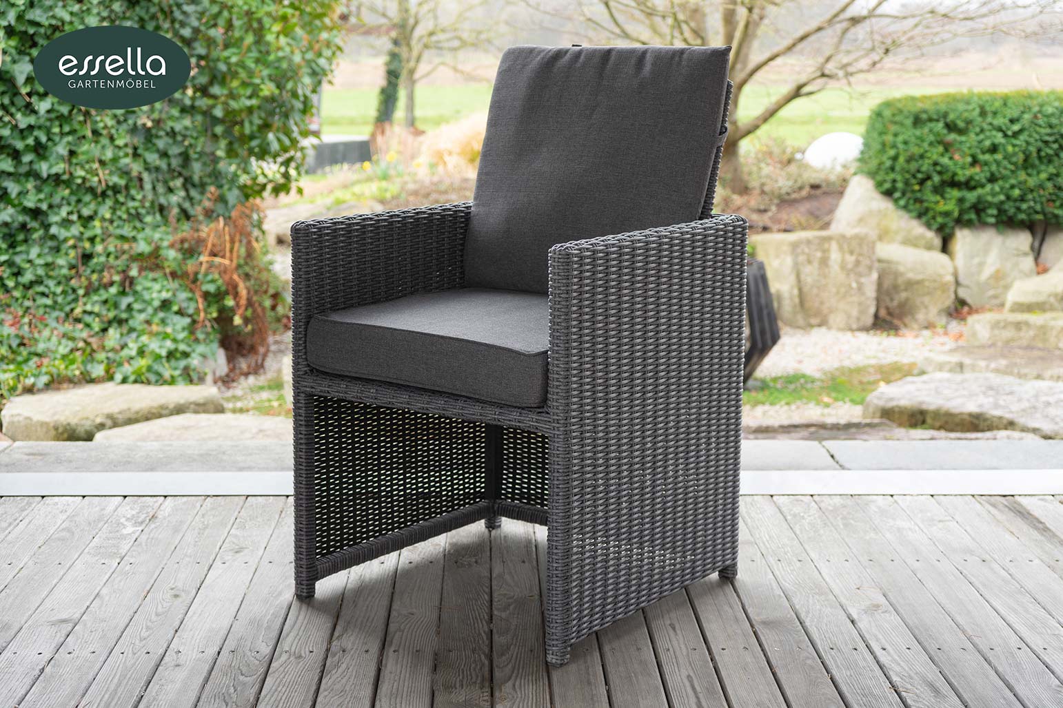 Polyrattan Sitzgruppe Vienna 8-Personen Halbrundgeflecht Glasplatte mit Keramikoptik Essella-Markenshop
