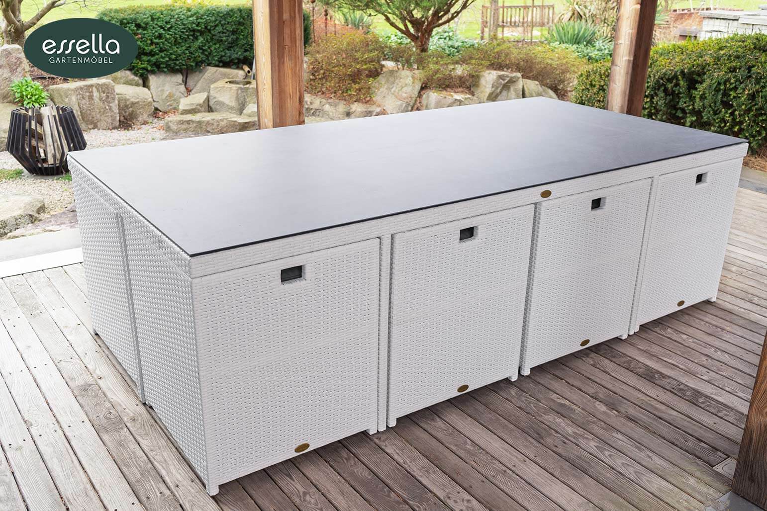 Polyrattan Sitzgruppe Vienna 8-Personen Flachgeflecht Glasplatte mit Keramikoptik Essella-Markenshop