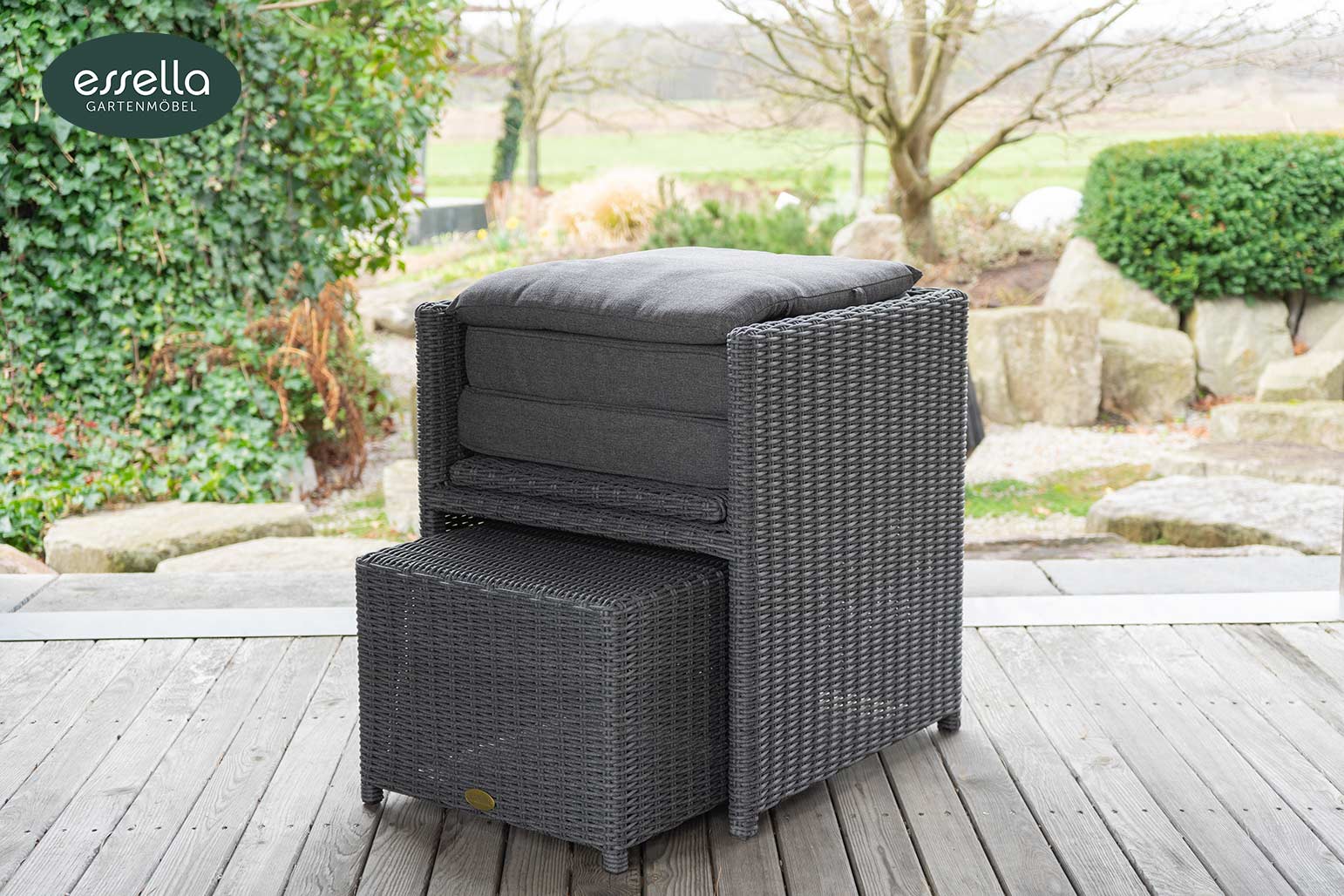 Polyrattan Sitzgruppe Vienna 8-Personen Halbrundgeflecht Glasplatte mit Keramikoptik Essella-Markenshop