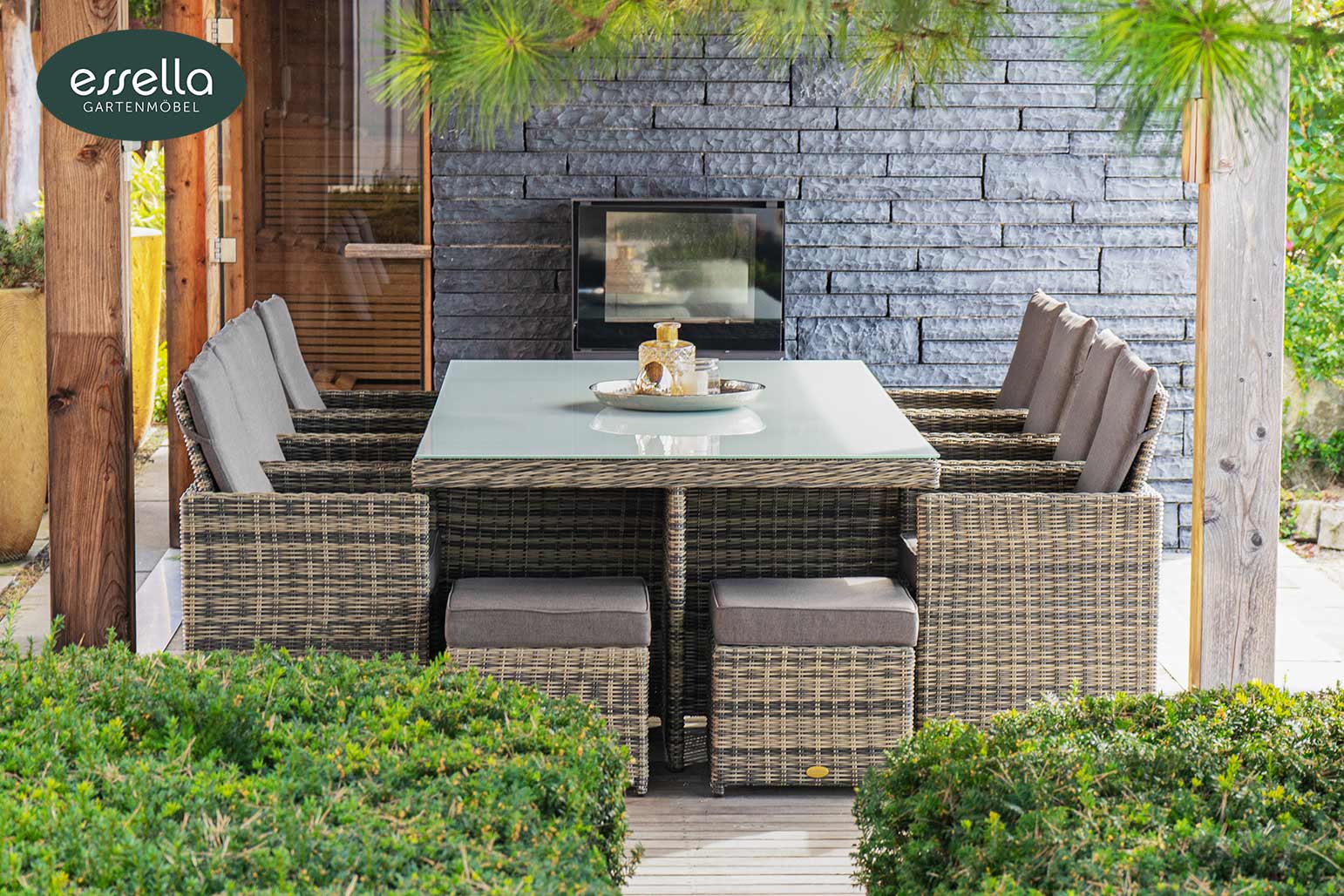 Polyrattan Sitzgruppe Vienna 8-Personen Halbrundgeflecht mit Glasplatte Essella-Markenshop