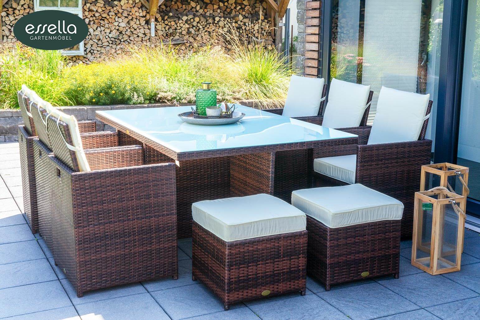 Polyrattan Sitzgruppe Vienna 6-Personen Flachgeflecht mit Glasplatte Essella-Markenshop