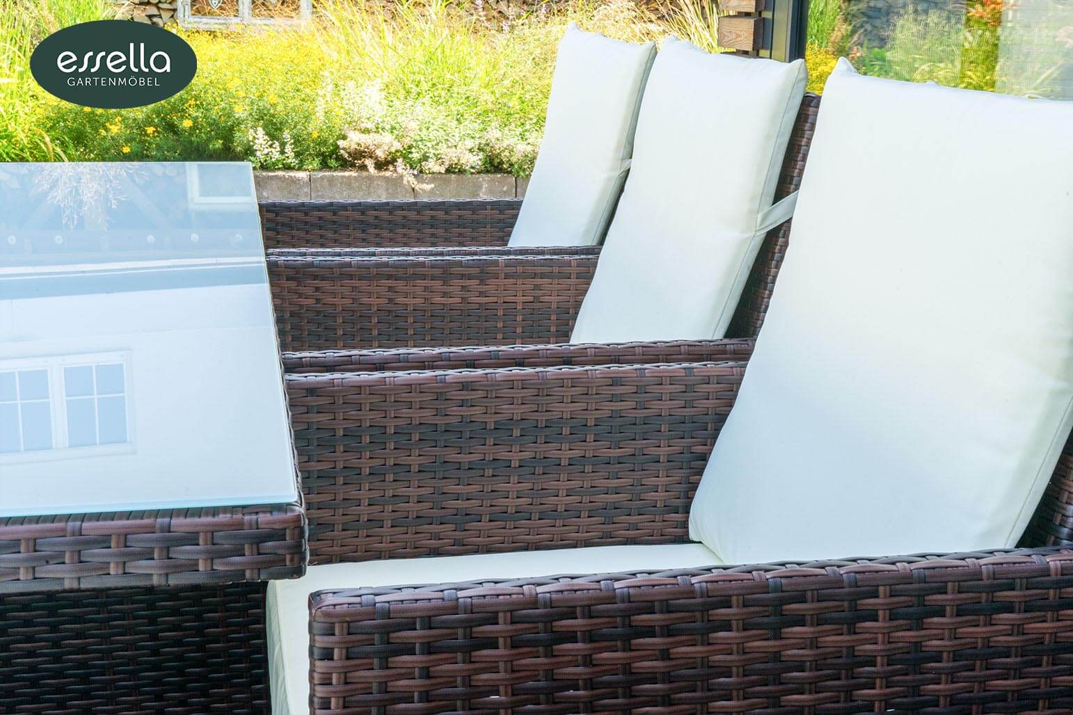 Polyrattan Sitzgruppe Vienna 6-Personen Flachgeflecht mit Glasplatte Essella-Markenshop