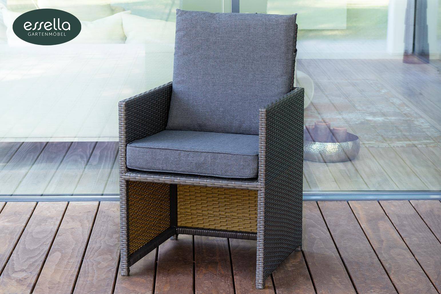 Polyrattan Sitzgruppe Vienna 6-Personen Flachgeflecht Glasplatte mit Keramikoptik Essella-Markenshop