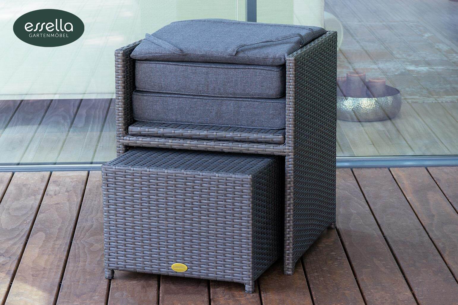 Polyrattan Sitzgruppe Vienna 6-Personen Flachgeflecht Glasplatte mit Keramikoptik Essella-Markenshop