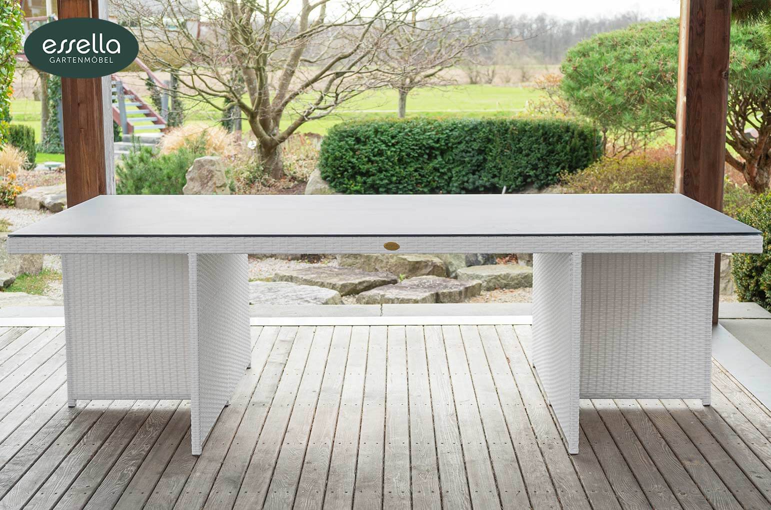 Polyrattan Sitzgruppe Vienna 8-Personen Flachgeflecht Glasplatte mit Keramikoptik Essella-Markenshop
