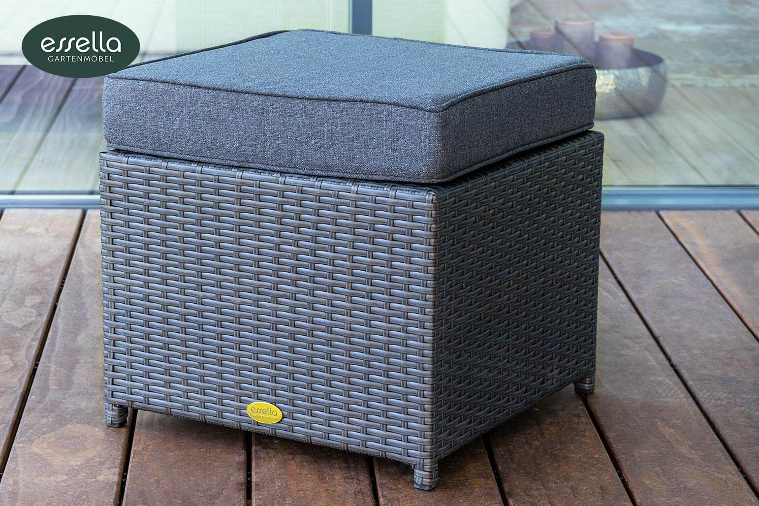 Polyrattan Sitzgruppe Vienna 6-Personen Flachgeflecht Glasplatte mit Keramikoptik Essella-Markenshop