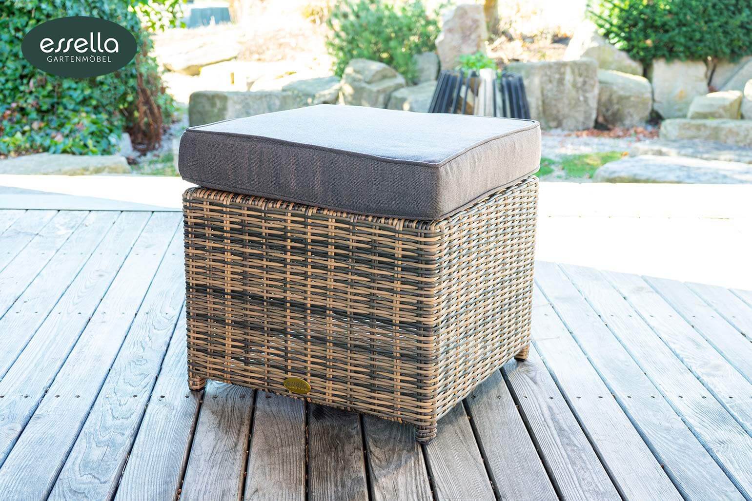 Polyrattan Sitzgruppe Vienna 6-Personen Halbrundgeflecht Glasplatte mit Keramikoptik Essella-Markenshop