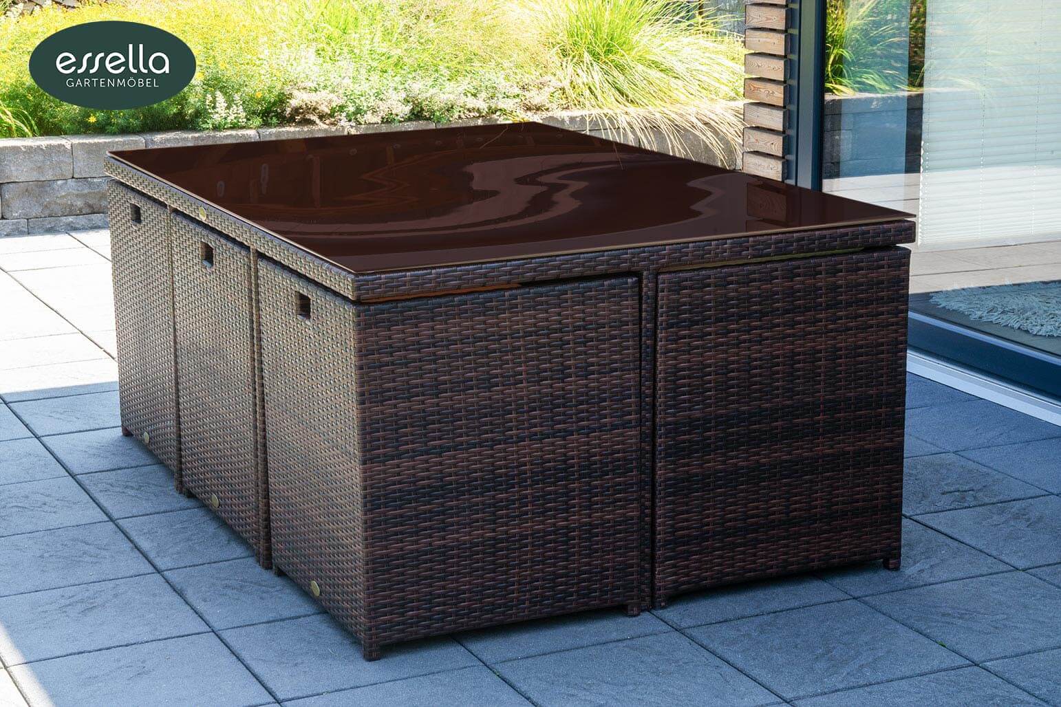 Polyrattan Sitzgruppe Vienna 6-Personen Flachgeflecht mit Glasplatte Essella-Markenshop