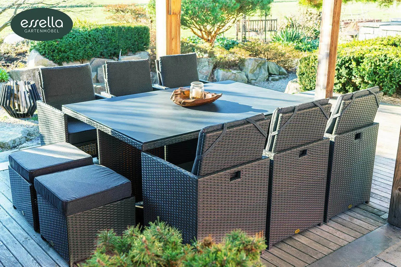Polyrattan Sitzgruppe Vienna 6-Personen Flachgeflecht Glasplatte mit Keramikoptik Essella-Markenshop