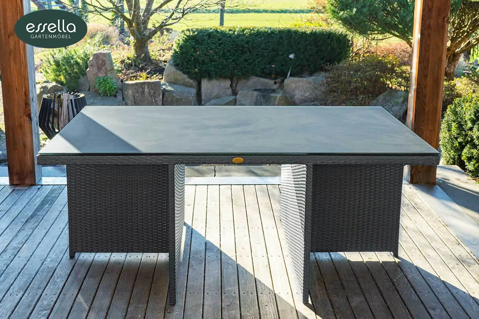 Polyrattan Sitzgruppe Vienna 6-Personen Flachgeflecht Glasplatte mit Keramikoptik Essella-Markenshop