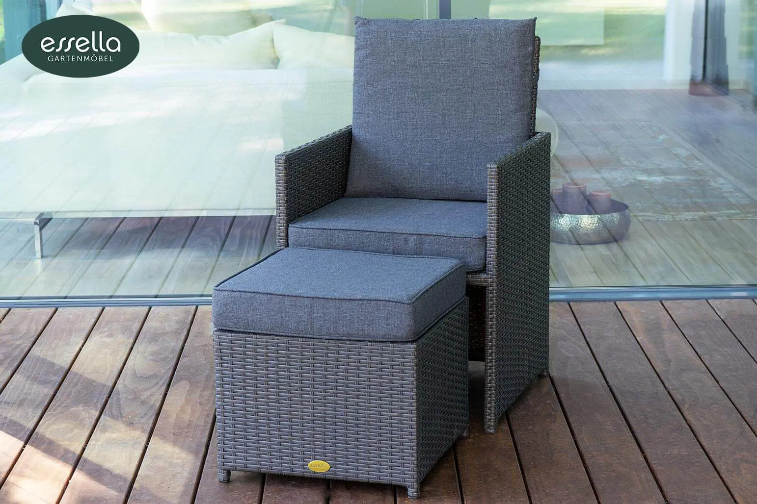 Polyrattan Sitzgruppe Vienna 6-Personen Flachgeflecht Glasplatte mit Keramikoptik Essella-Markenshop