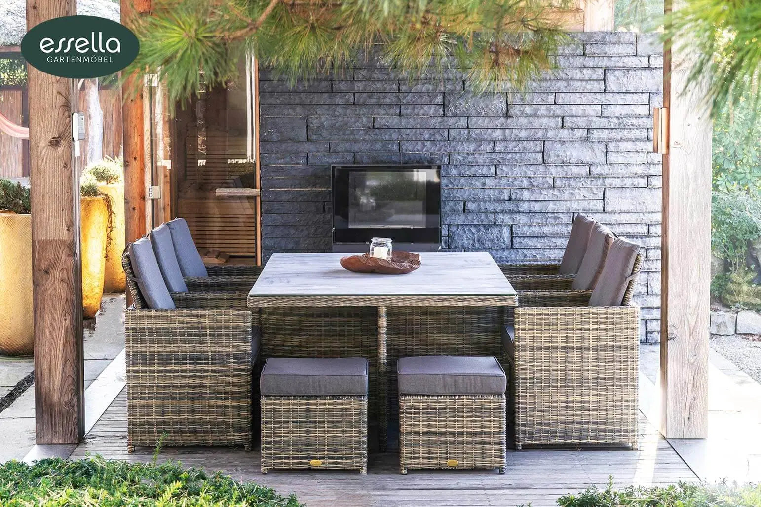 Polyrattan Sitzgruppe Vienna 6-Personen Halbrundgeflecht Glasplatte mit Keramikoptik Essella-Markenshop