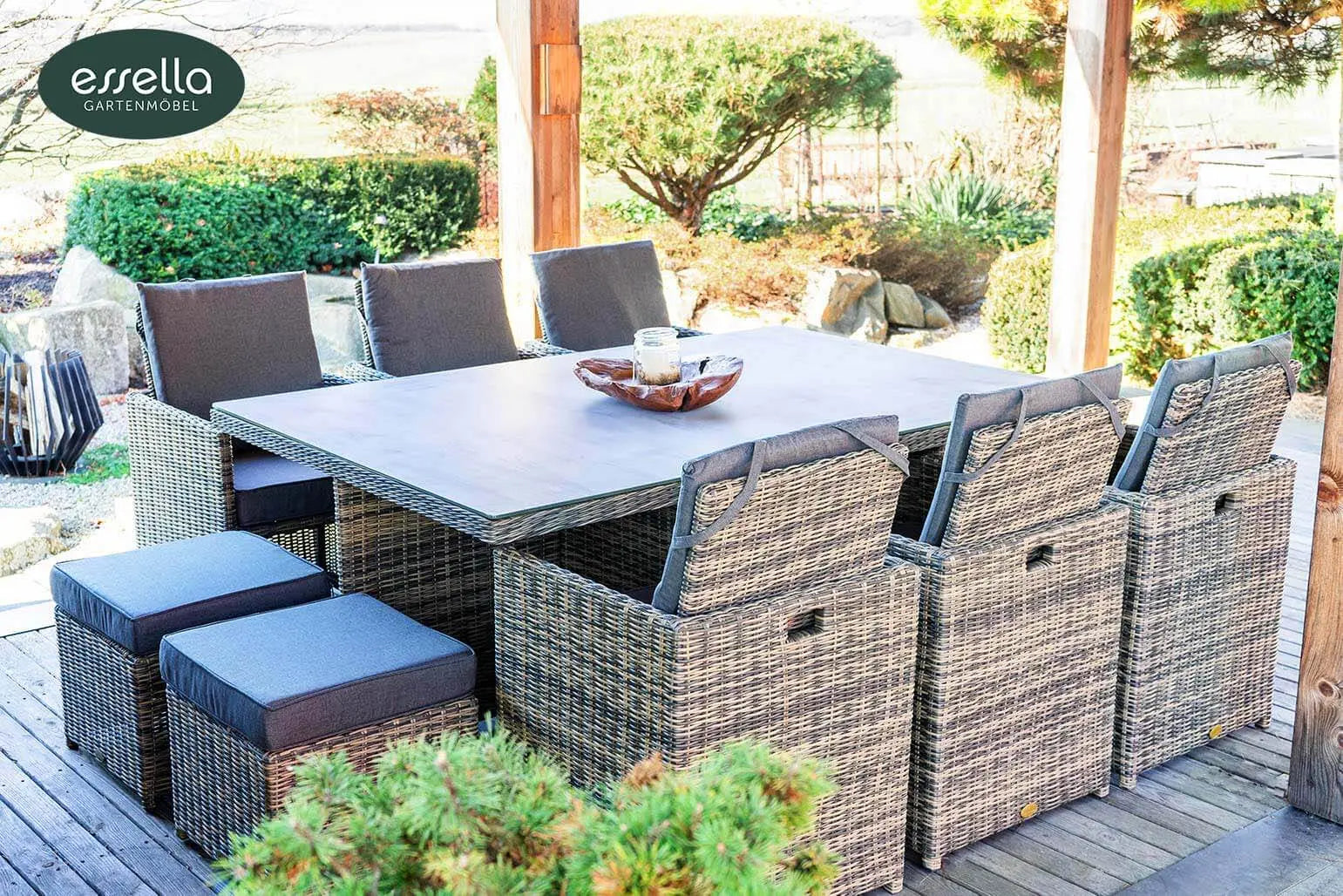 Polyrattan Sitzgruppe Vienna 6-Personen Halbrundgeflecht Glasplatte mit Keramikoptik Essella-Markenshop