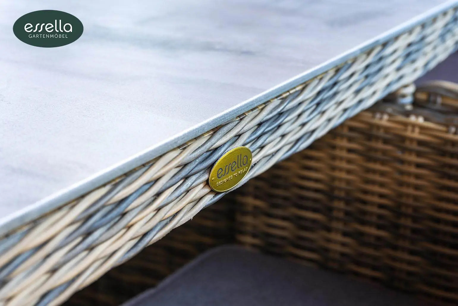 Polyrattan Sitzgruppe Vienna 6-Personen Halbrundgeflecht Glasplatte mit Keramikoptik Essella-Markenshop