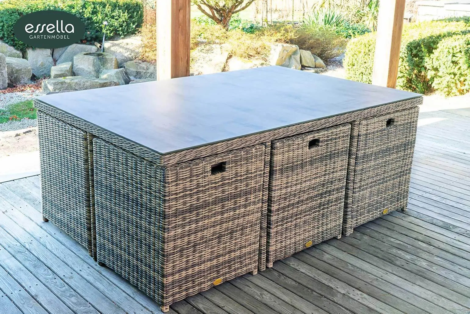Polyrattan Sitzgruppe Vienna 6-Personen Halbrundgeflecht Glasplatte mit Keramikoptik Essella-Markenshop