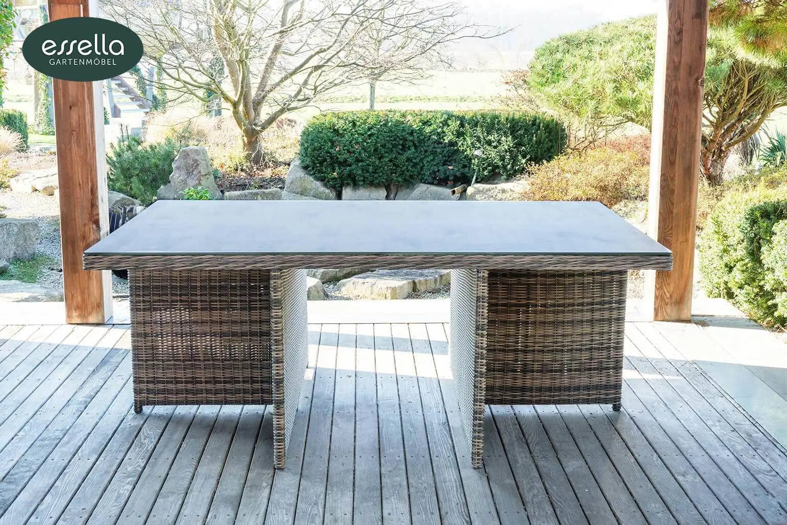 Polyrattan Sitzgruppe Vienna 6-Personen Halbrundgeflecht Glasplatte mit Keramikoptik Essella-Markenshop