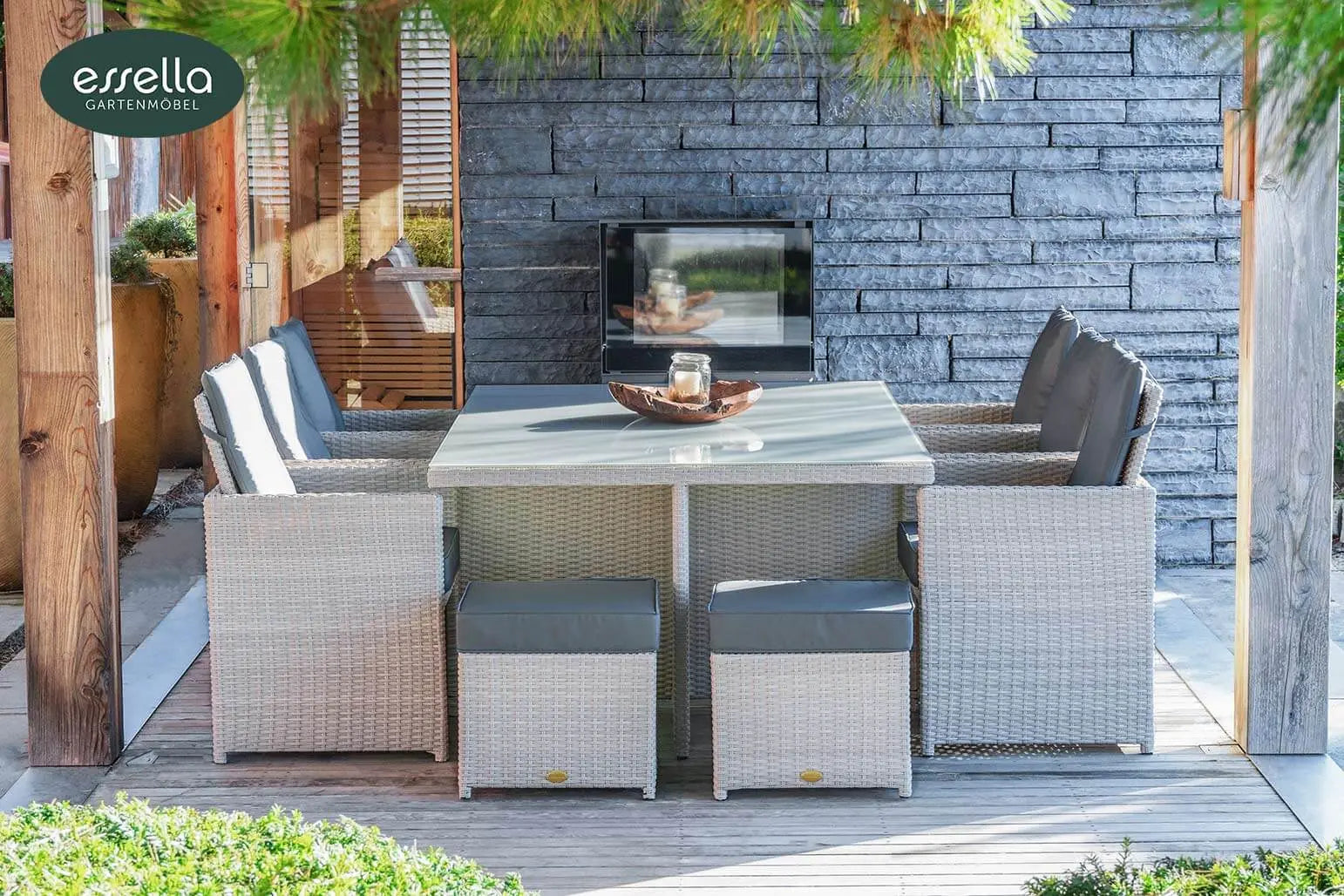 Polyrattan Sitzgruppe Vienna 6-Personen Halbrundgeflecht mit Glasplatte Essella-Markenshop