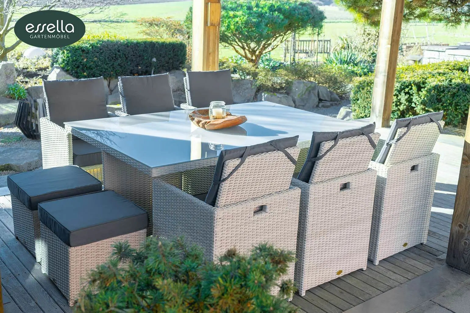 Polyrattan Sitzgruppe Vienna 6-Personen Halbrundgeflecht mit Glasplatte Essella-Markenshop