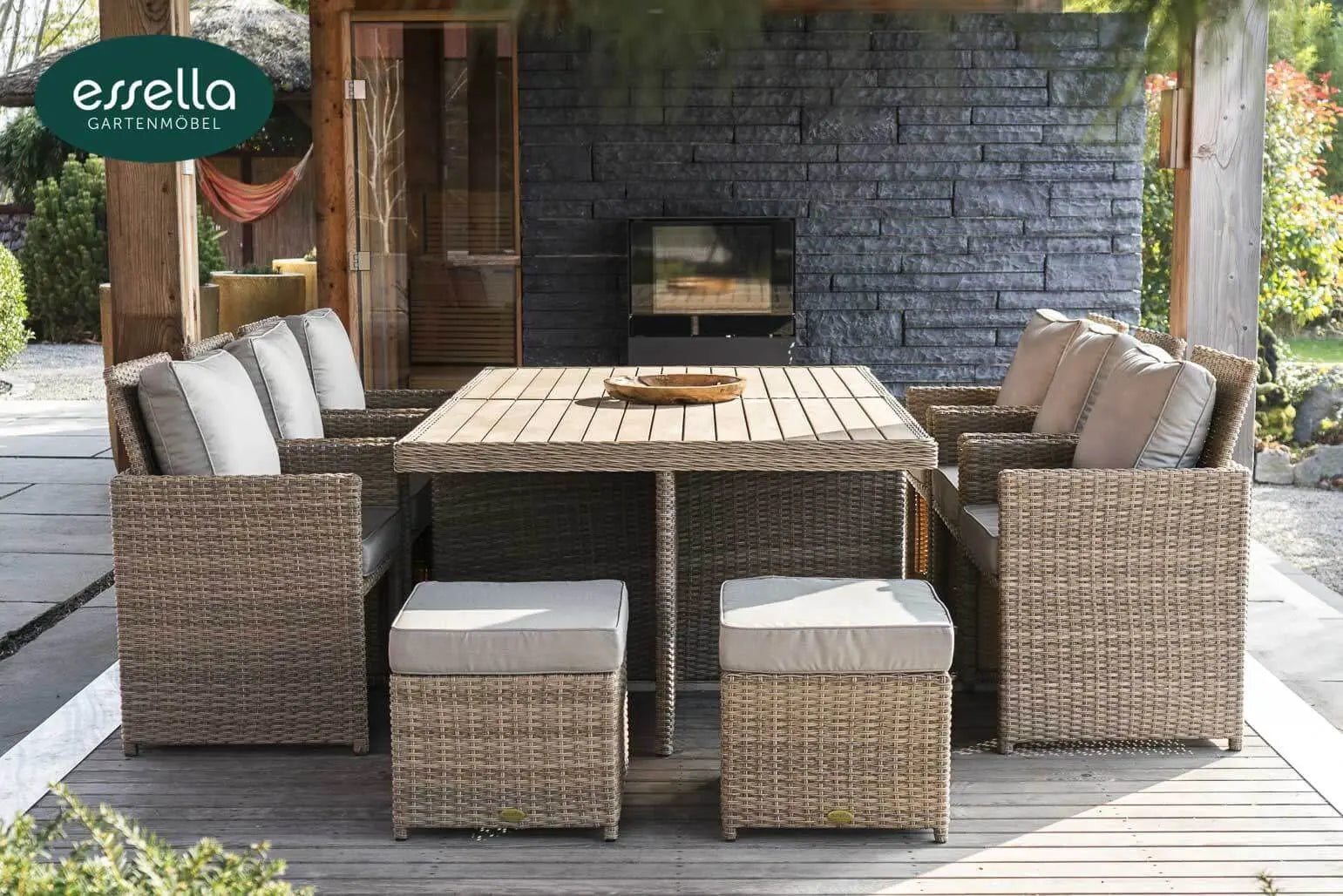 Polyrattan Sitzgruppe Vienna 6-Personen Polywood Halbrundgeflecht Essella-Markenshop