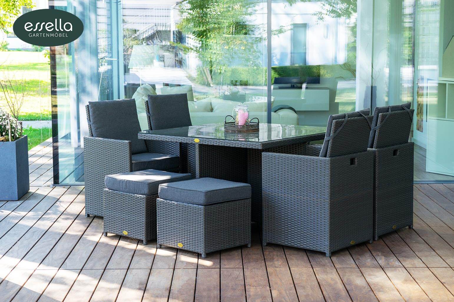 Polyrattan Sitzgruppe Vienna 4-Personen Flachgeflecht mit Glasplatte Essella-Markenshop