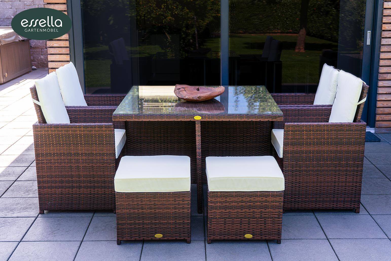 Polyrattan Sitzgruppe Vienna 4-Personen Flachgeflecht mit Glasplatte Essella-Markenshop