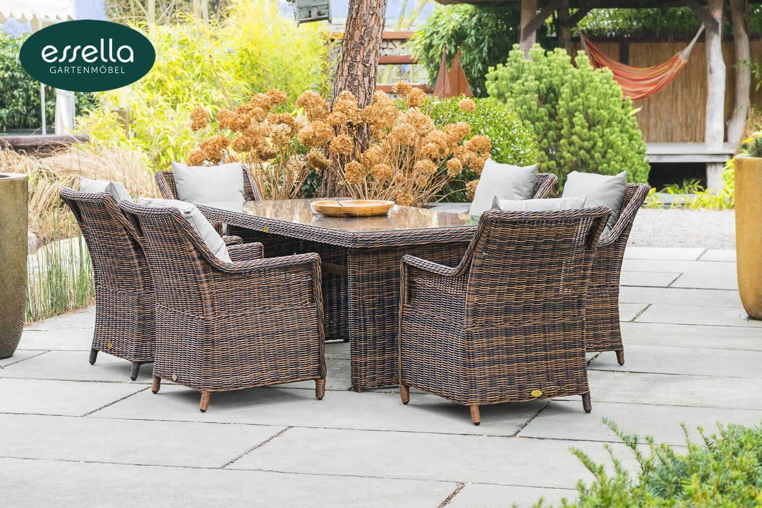 Polyrattan Sitzgruppe Dubai 6-Personen Rundgeflecht Essella-Markenshop