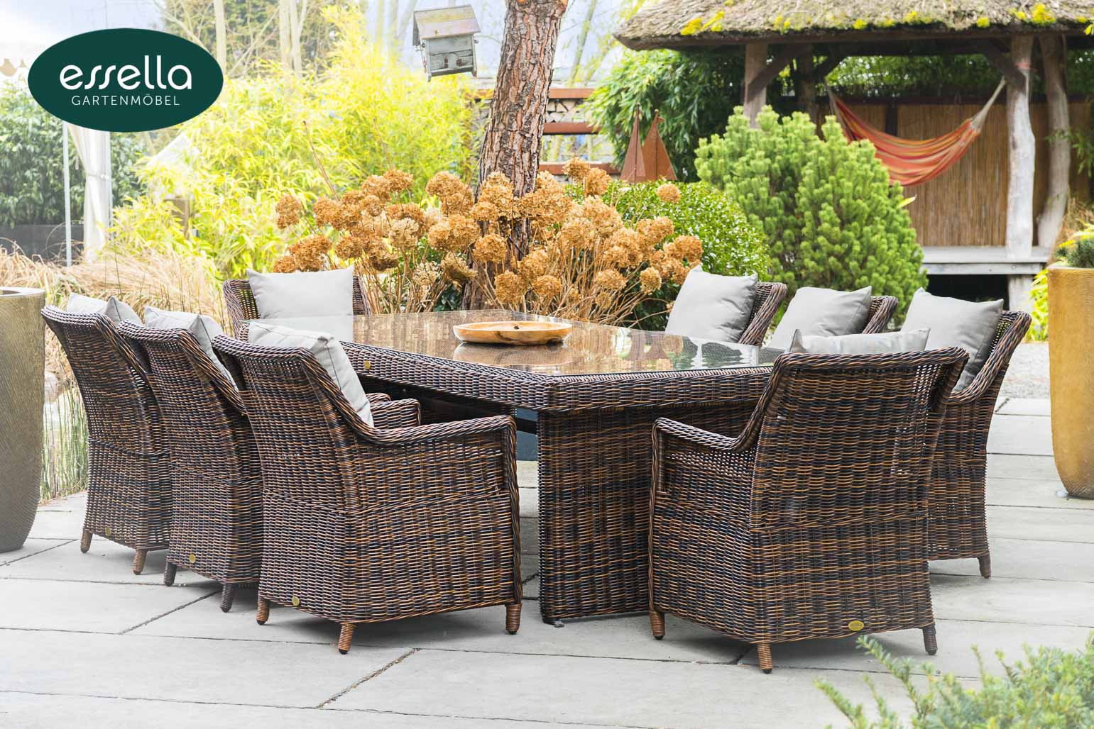 Polyrattan Sitzgruppe Dubai 8-Personen Rundgeflecht Essella-Markenshop
