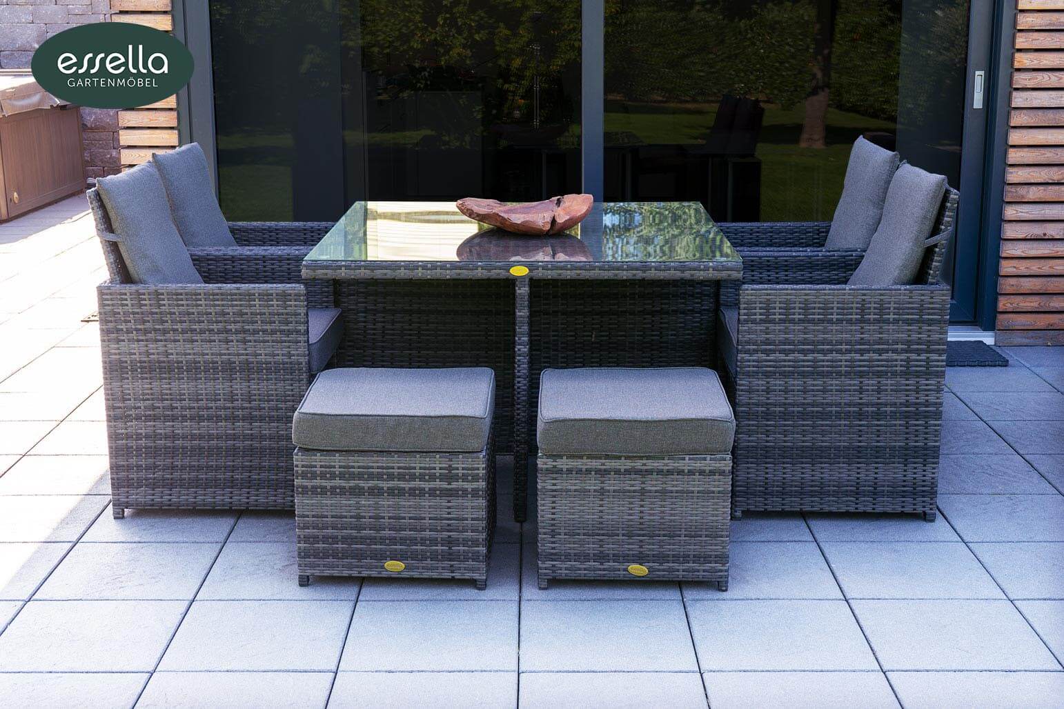 Polyrattan Sitzgruppe Vienna 4-Personen Flachgeflecht mit Glasplatte Essella-Markenshop