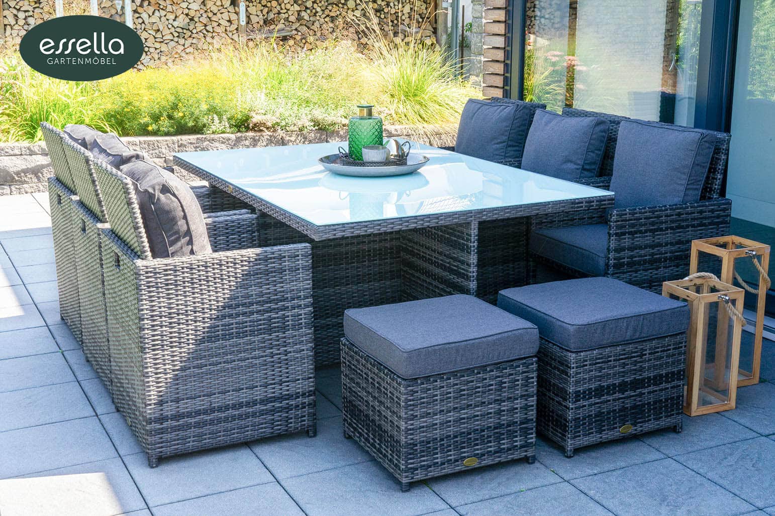 Polyrattan Sitzgruppe Vienna 6-Personen Flachgeflecht mit Glasplatte Essella-Markenshop