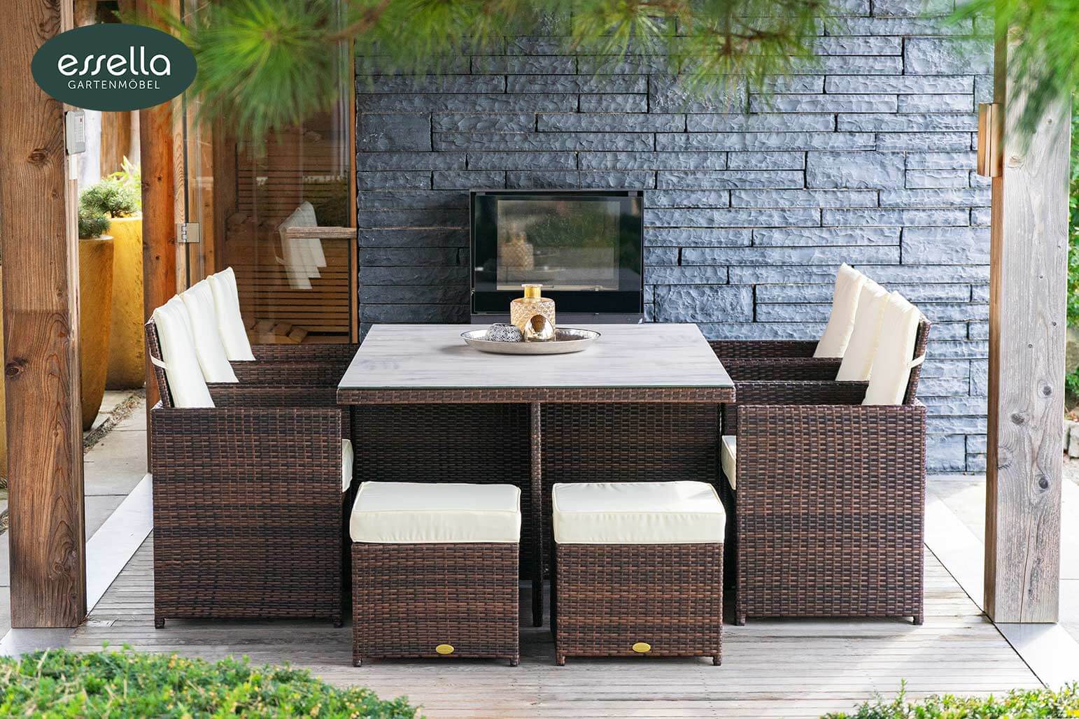 Polyrattan Sitzgruppe Vienna 6-Personen Flachgeflecht Glasplatte mit Keramikoptik Essella-Markenshop