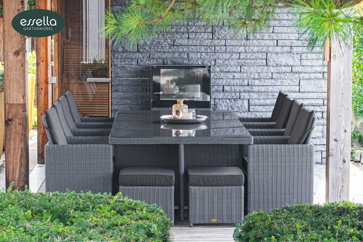 Polyrattan Sitzgruppe Vienna 8-Personen Halbrundgeflecht mit Glasplatte Essella-Markenshop