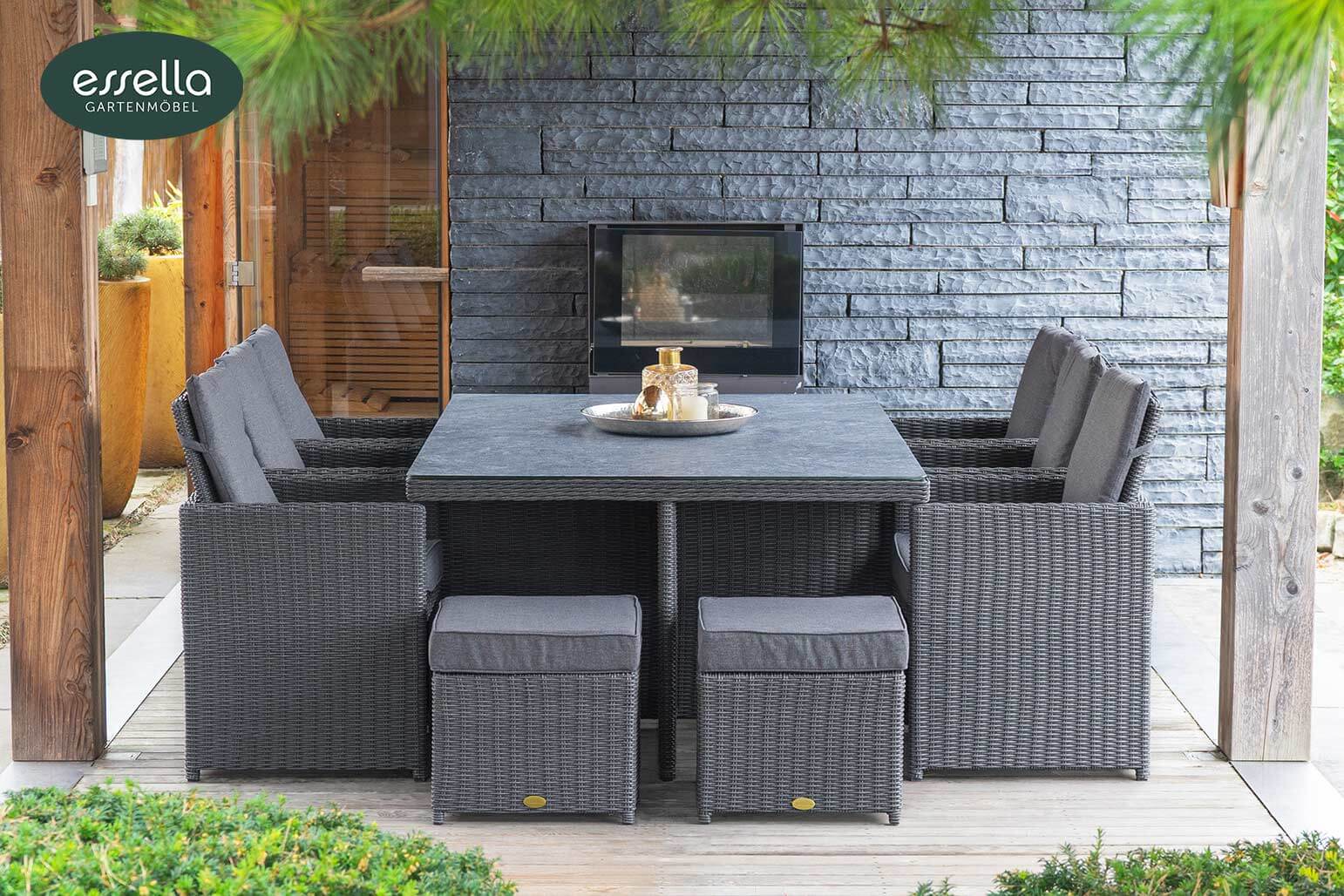 Polyrattan Sitzgruppe Vienna 6-Personen Halbrundgeflecht Glasplatte mit Keramikoptik Essella-Markenshop