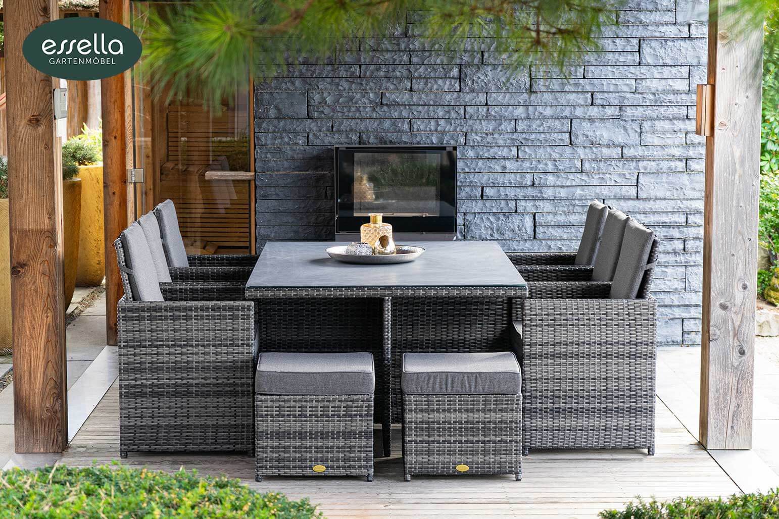 Polyrattan Sitzgruppe Vienna 6-Personen Flachgeflecht Glasplatte mit Keramikoptik Essella-Markenshop