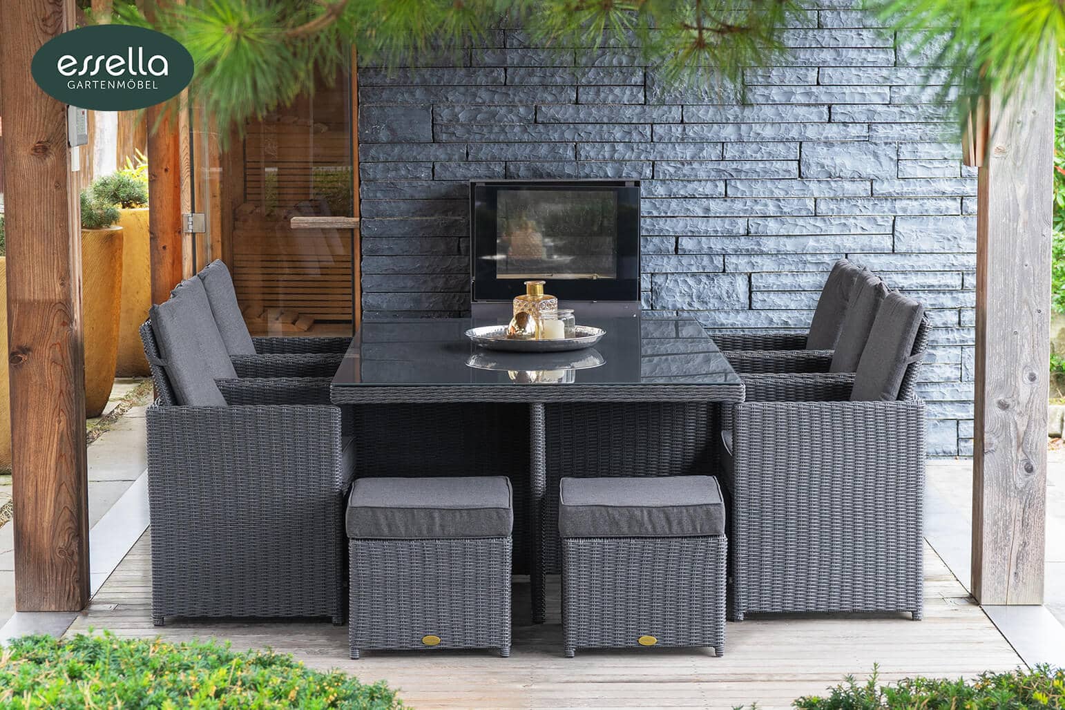 Polyrattan Sitzgruppe Vienna 6-Personen Halbrundgeflecht mit Glasplatte Essella-Markenshop