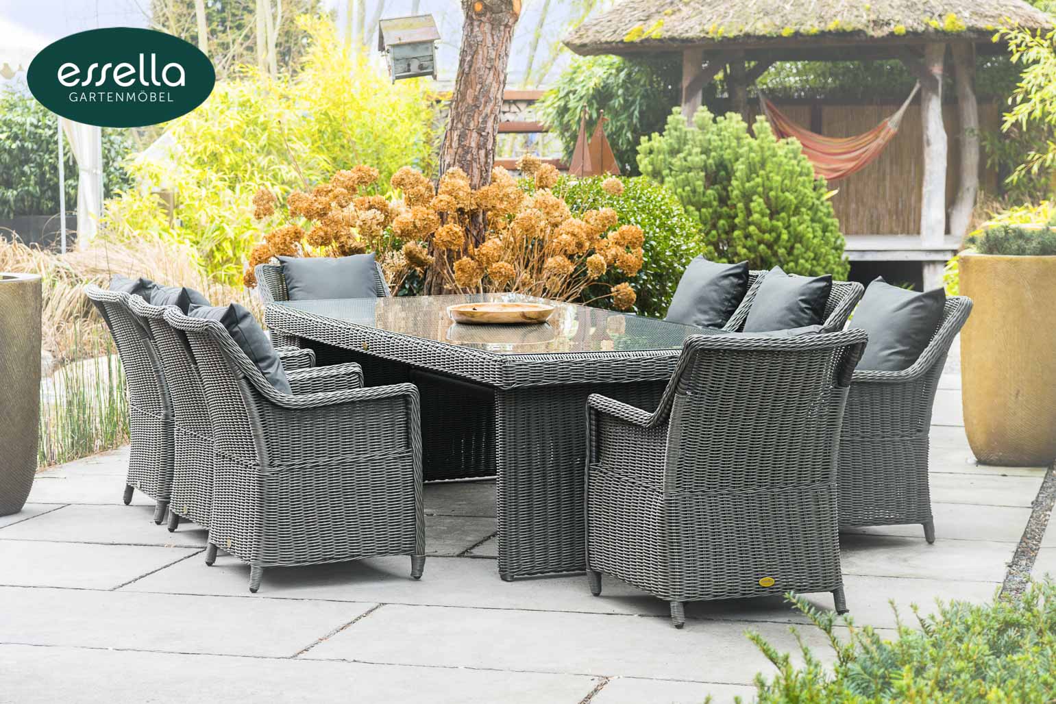 Polyrattan Sitzgruppe Dubai 8-Personen Rundgeflecht Essella-Markenshop