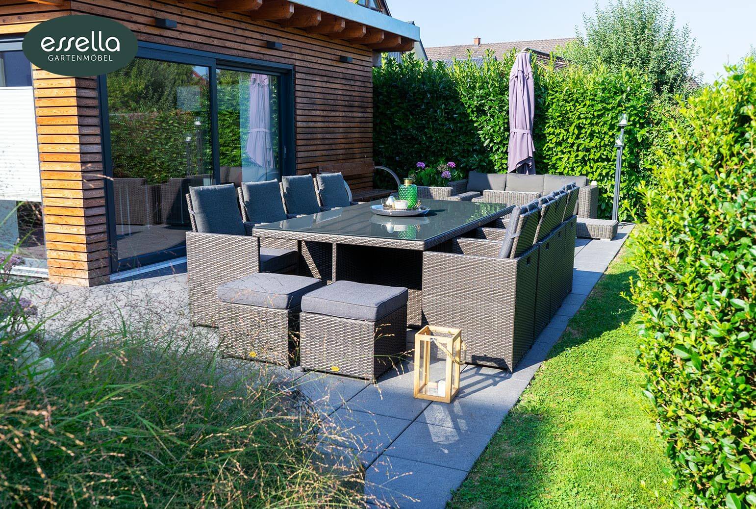 Polyrattan Sitzgruppe Vienna 8-Personen Flachgeflecht mit Glasplatte Essella-Markenshop