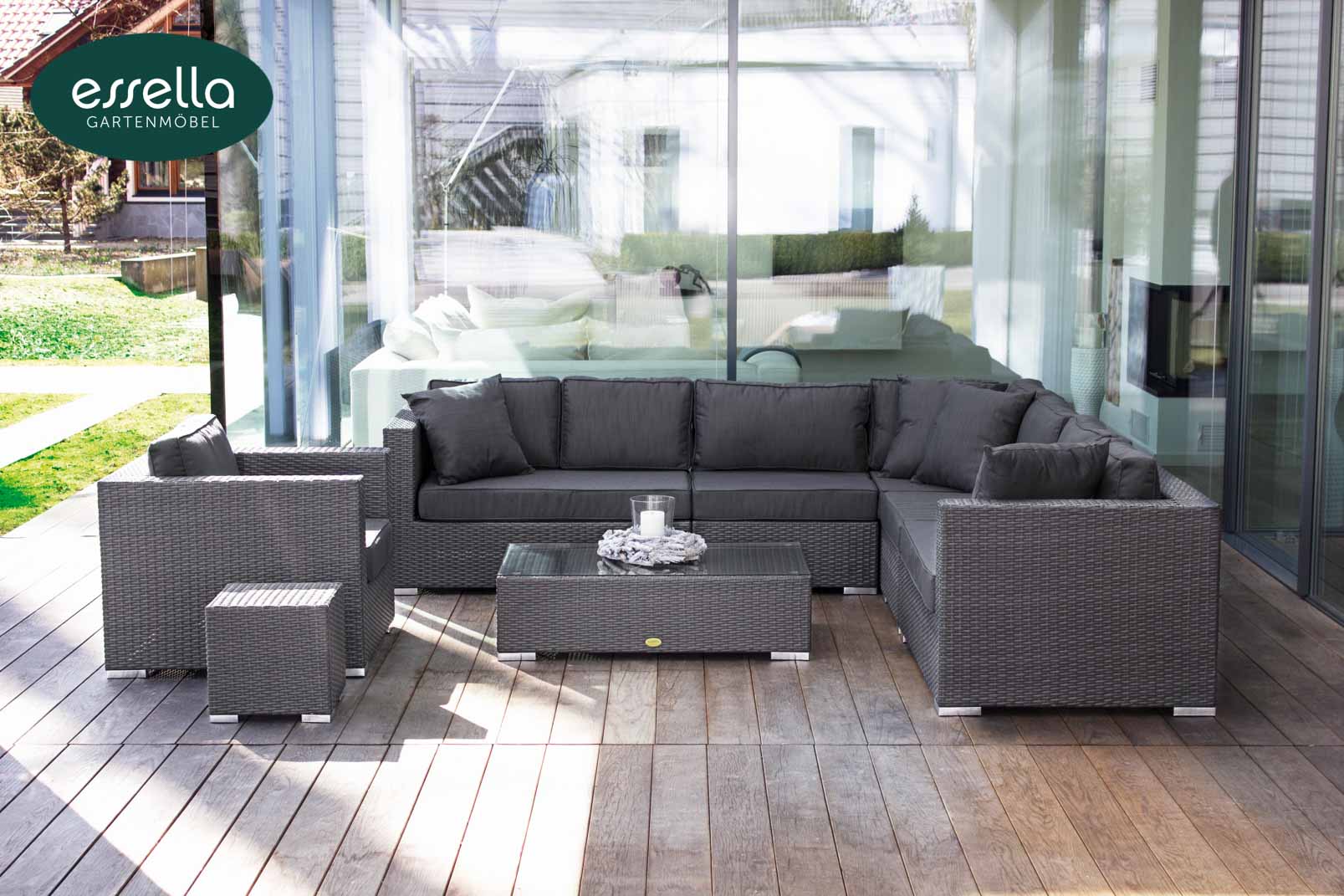Polyrattan Lounge Miami 8-Personen Flachgeflecht Essella-Markenshop