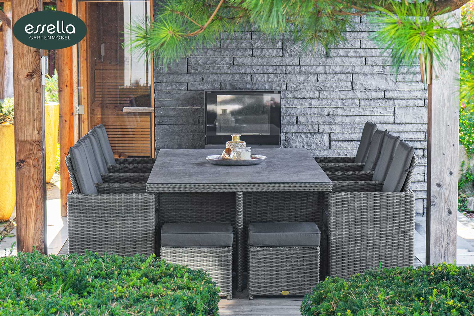 Polyrattan Sitzgruppe Vienna 8-Personen Halbrundgeflecht Glasplatte mit Keramikoptik Essella-Markenshop