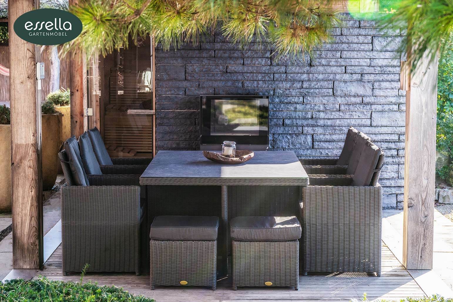 Polyrattan Sitzgruppe Vienna 6-Personen Halbrundgeflecht Glasplatte mit Keramikoptik Essella-Markenshop