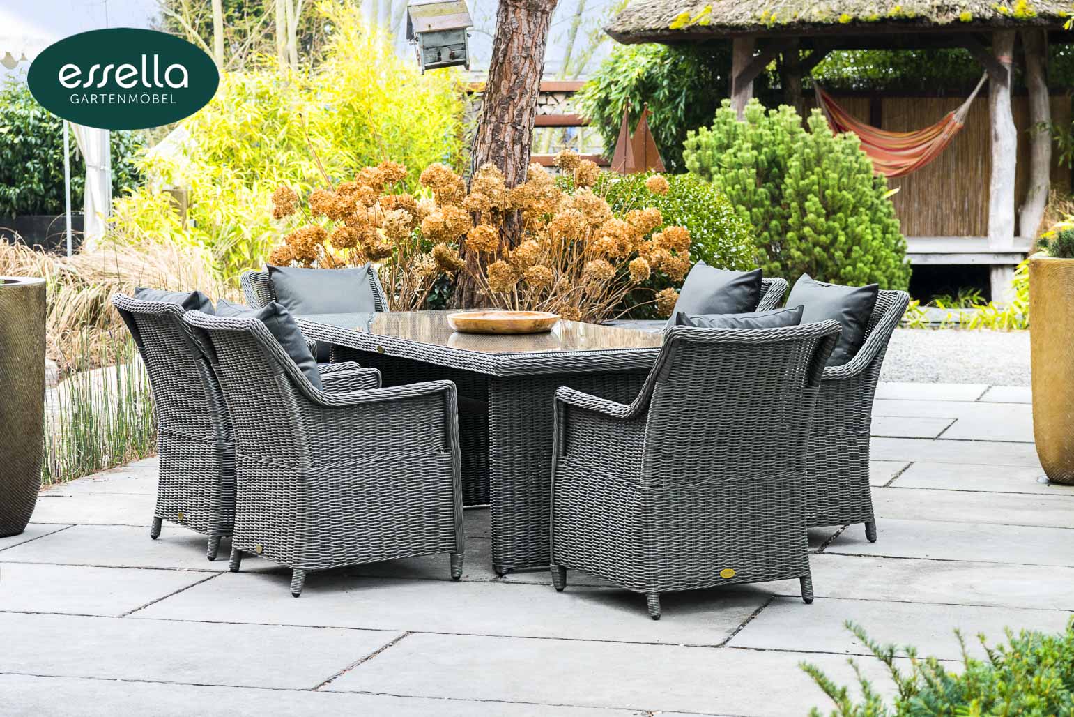 Polyrattan Sitzgruppe Dubai 6-Personen Rundgeflecht Essella-Markenshop