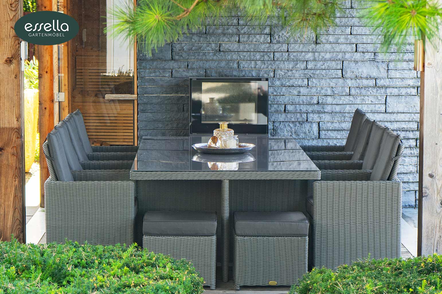 Polyrattan Sitzgruppe Vienna 8-Personen Halbrundgeflecht mit Glasplatte Essella-Markenshop