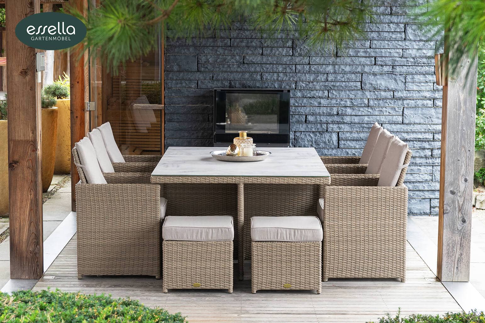 Polyrattan Sitzgruppe Vienna 6-Personen Halbrundgeflecht Glasplatte mit Keramikoptik Essella-Markenshop